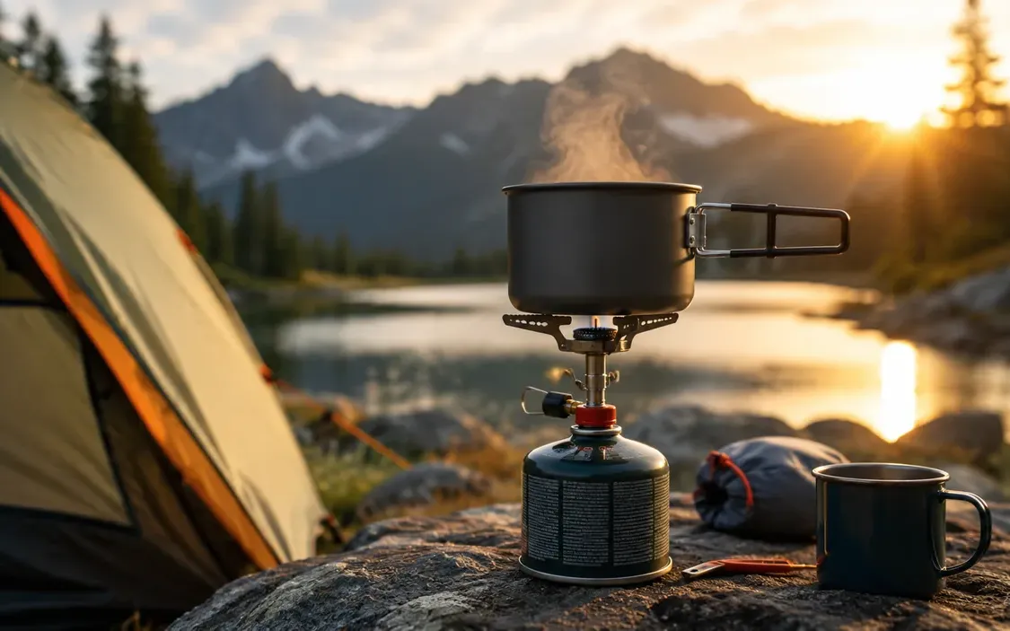 Campingkocher mit dampfendem Topf am See bei Sonnenuntergang, Zelt im Hintergrund