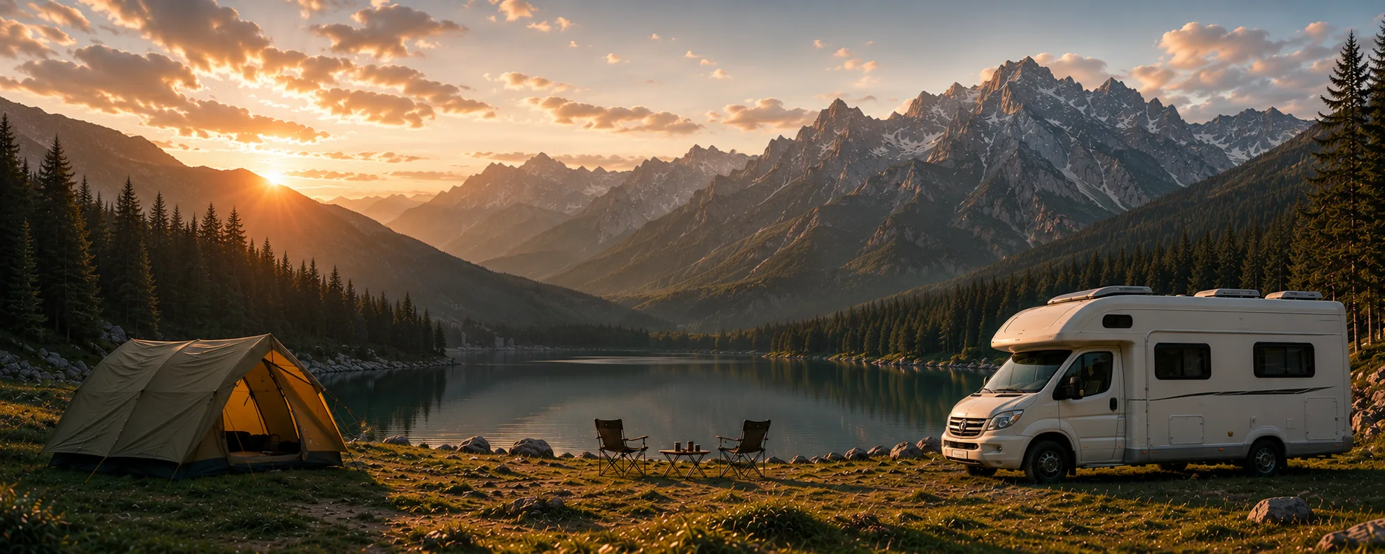 Zelt und Wohnmobil am Bergsee bei Sonnenuntergang mit Alpenpanorama