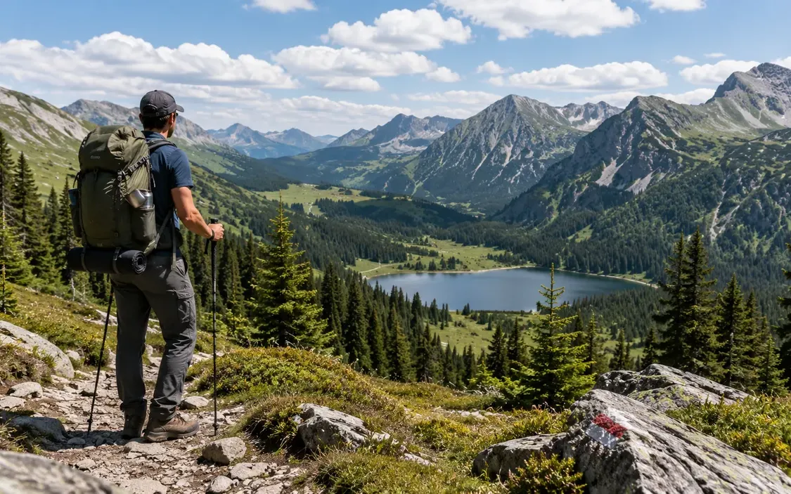 Wanderer mit Trekkingrucksack blickt auf einen Bergsee
