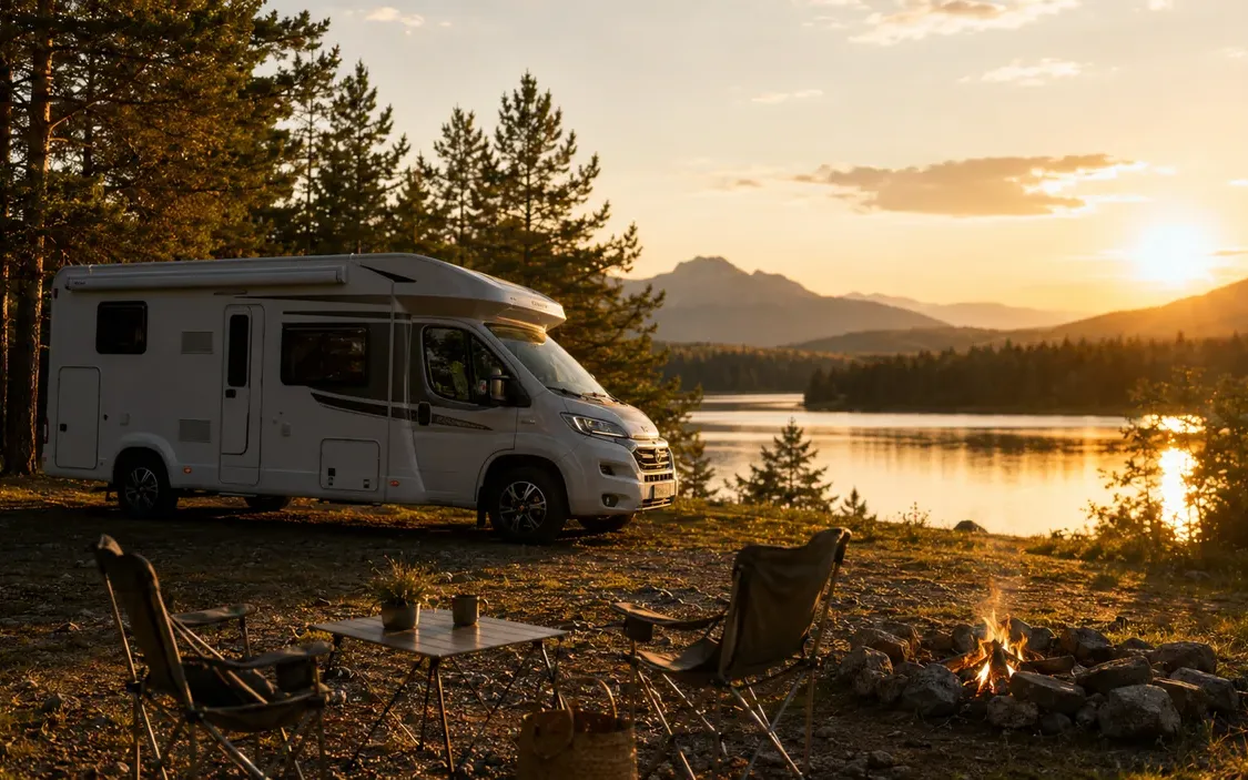 Wohnmobil am Lagerfeuer an einem See bei Sonnenuntergang