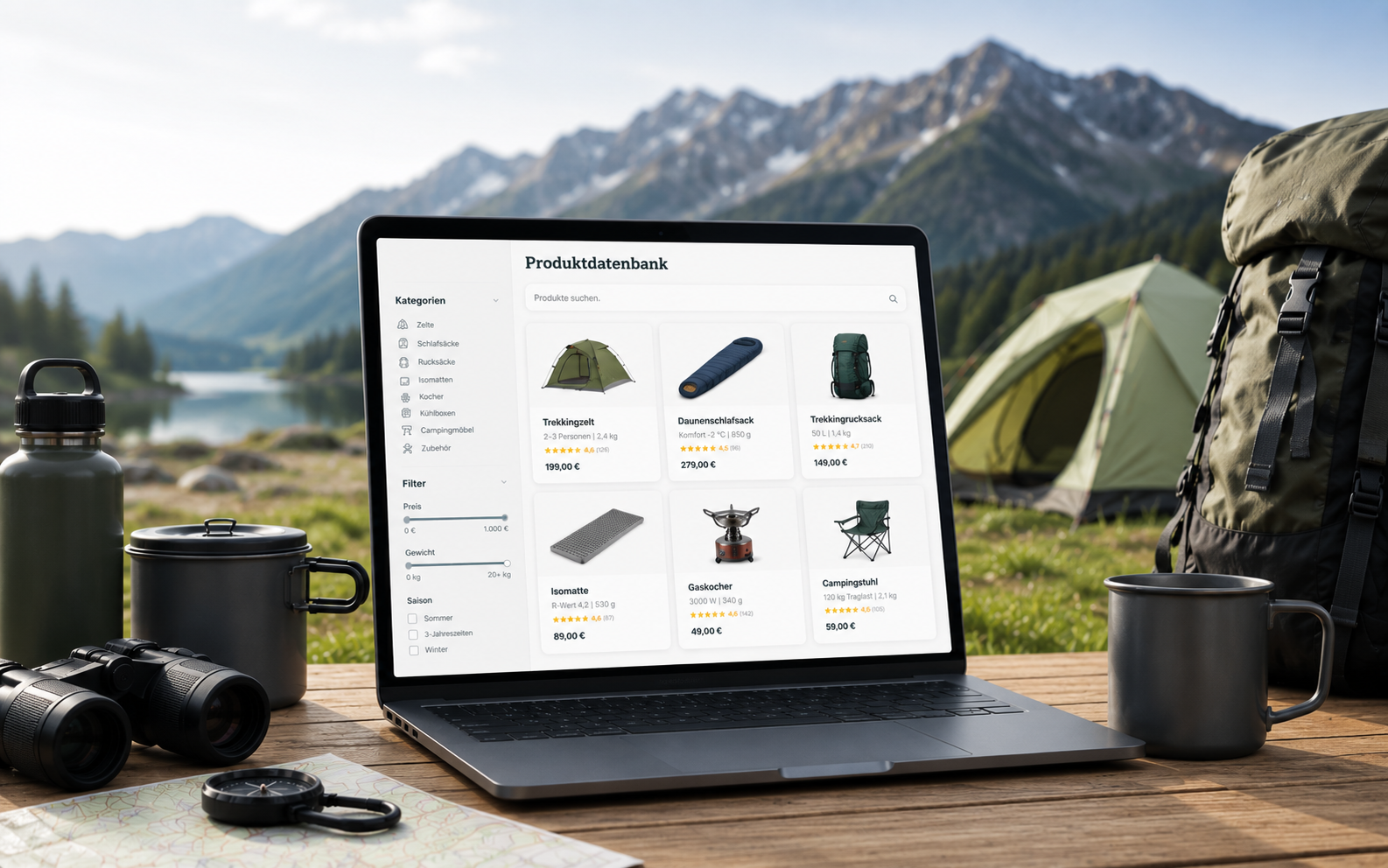 Laptop mit der freiluftkompass-Produktdatenbank auf einem Tisch vor Bergpanorama