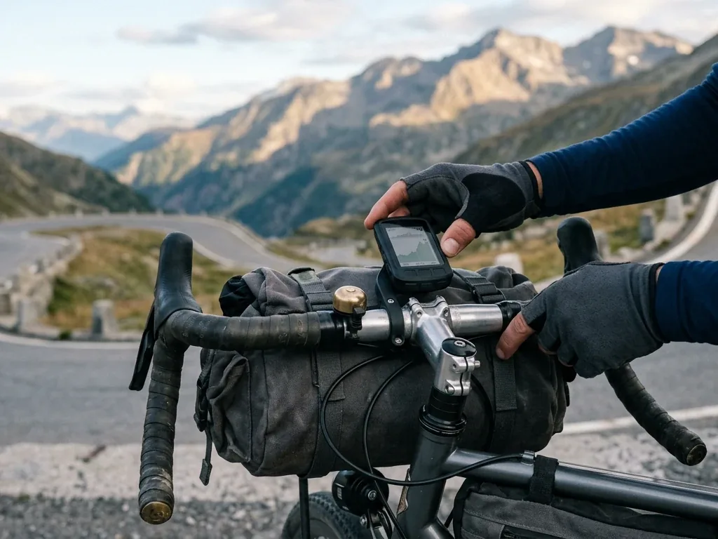 Nahaufnahme von GPS-Navigationsgerät und Lenkertasche an einem beladenen Reiserad vor einer Alpenpass-Straße