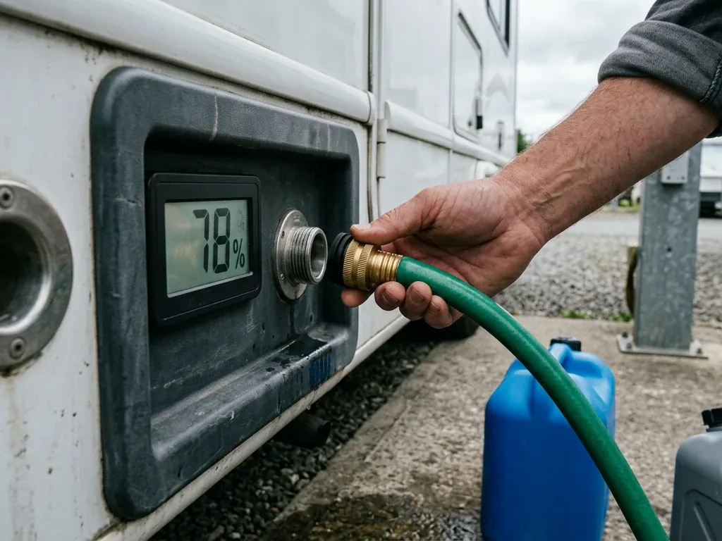 Wasserschlauch am Frischwasser-Einfüllstutzen eines Wohnmobils, daneben eine Füllstandsanzeige mit 78 Prozent