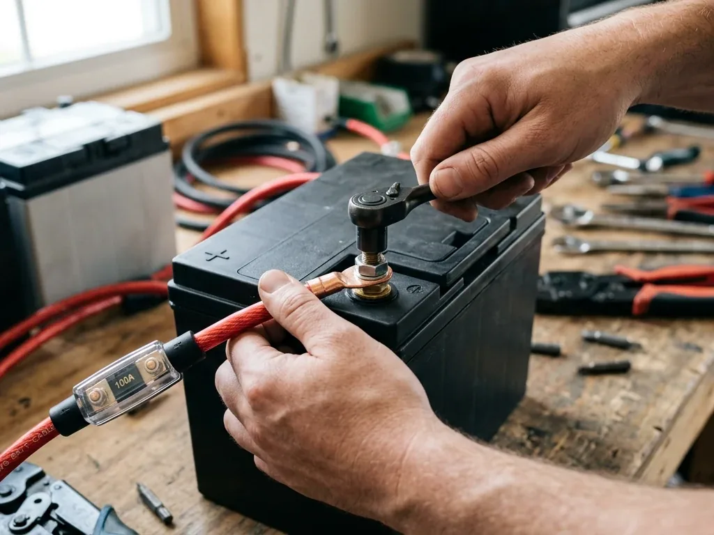 Nahaufnahme einer Hand, die ein rotes Pluskabel mit Ringöse an eine unbeschriftete Batteriebank anschließt, im Kabelstrang ist eine Sicherung sichtbar
