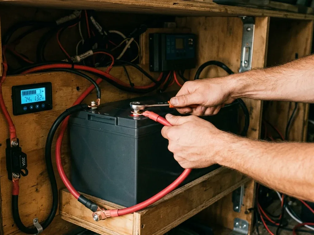 LiFePO4-Batteriebank mit Verkabelung im Stauraum eines Wohnmobils