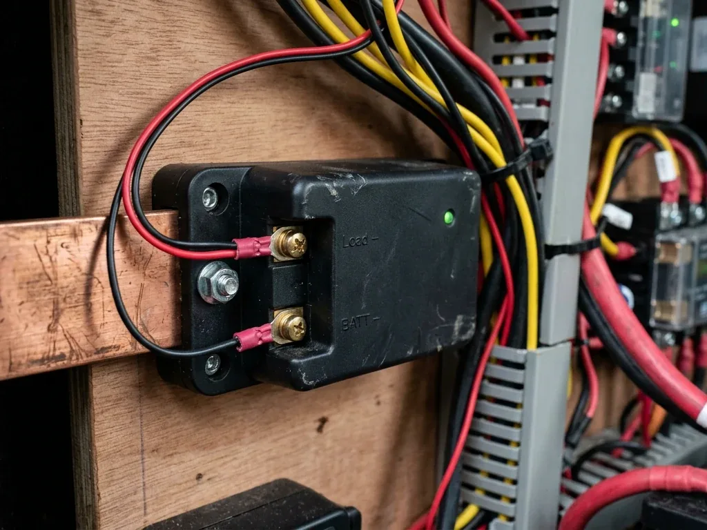 Nahaufnahme eines Batteriewächter-Shunts mit Kabelanschlüssen im Sicherungskasten eines Wohnmobils