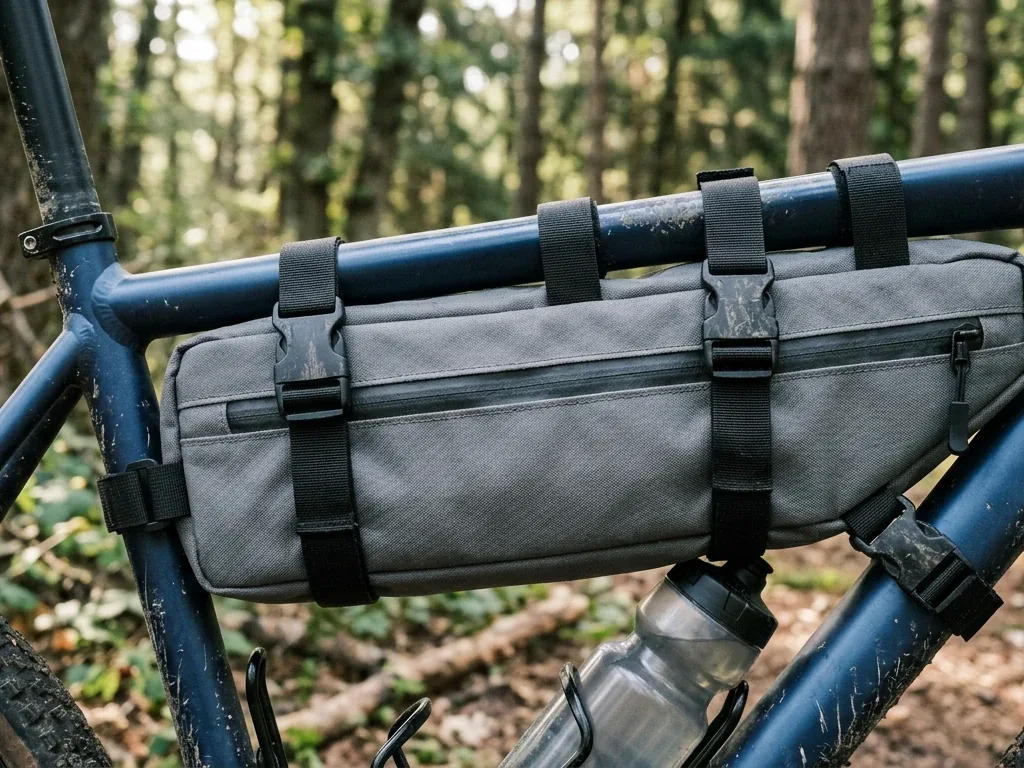 Bikepacking-Rahmentasche am Gravelbike montiert, Nahaufnahme ohne Markenlogos