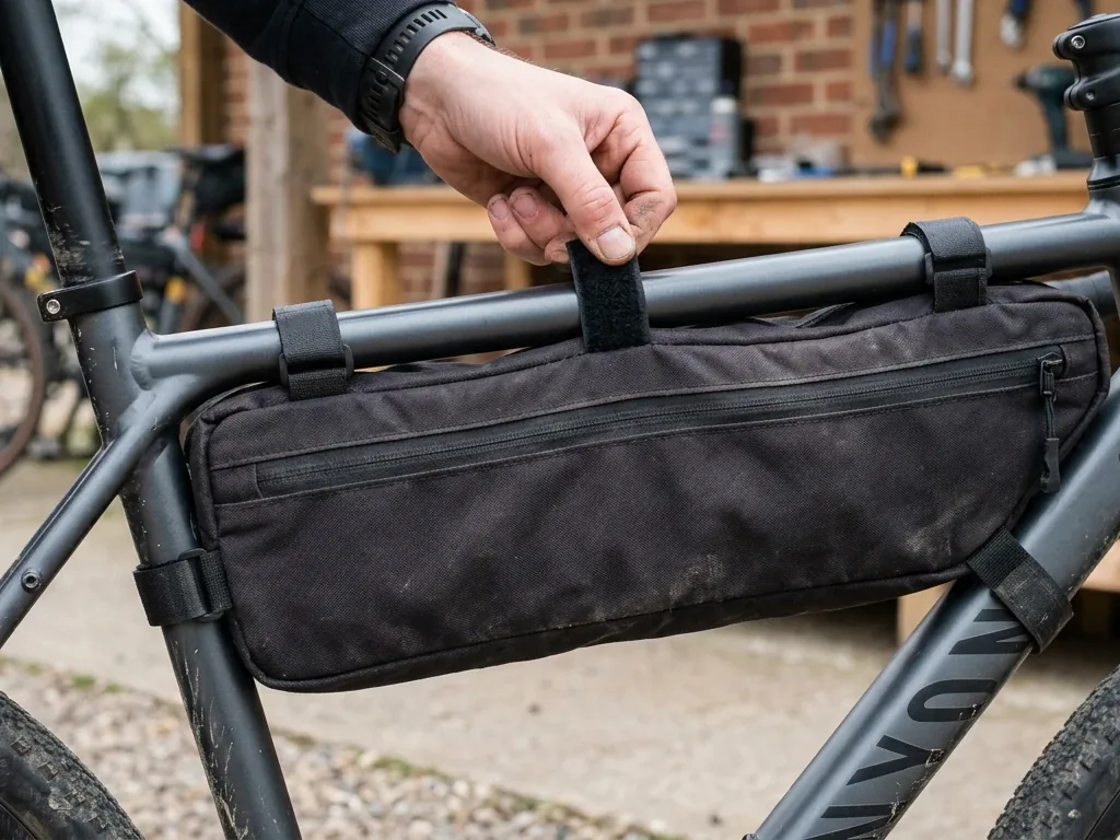Rahmentasche am Fahrradrahmen mit Klettriemen befestigt, Nahaufnahme