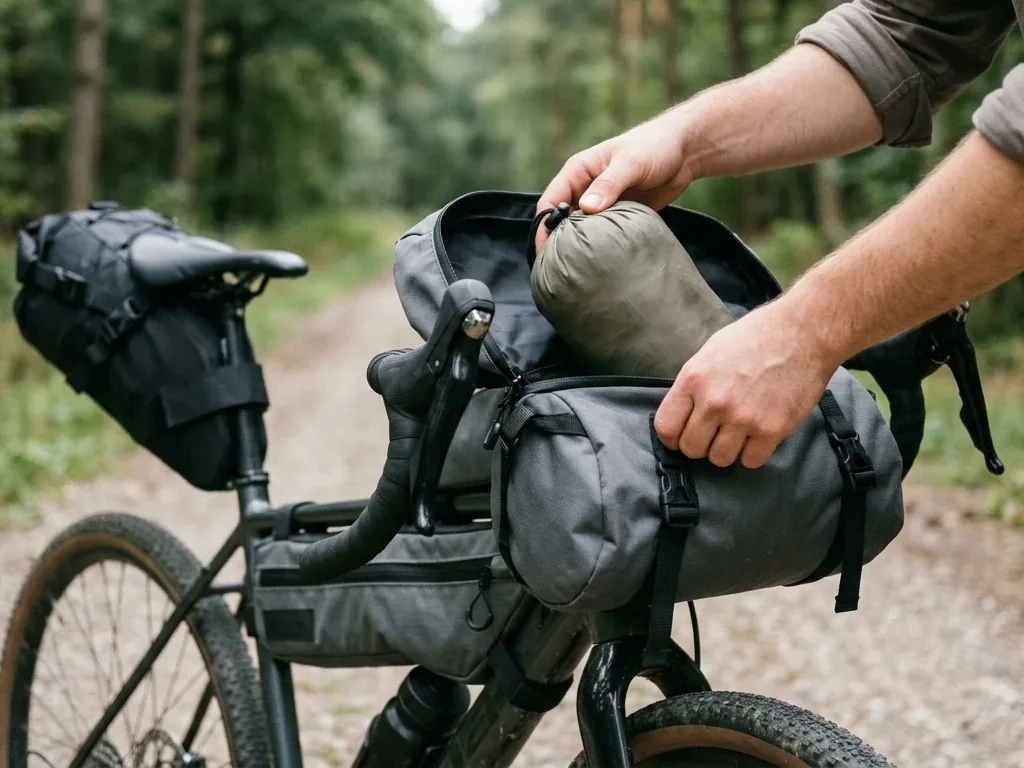 Zusammengepacktes Ultraleicht-Zelt wird in eine Lenkerrolltasche eines Gravelbikes geschoben, daneben Satteltasche und Rahmentasche