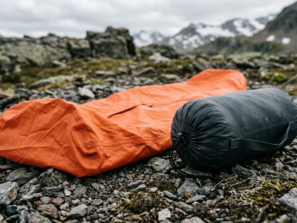 Orangefarbener Notfall-Biwaksack neben zusammengepacktem Trekkingzelt auf alpinem Untergrund