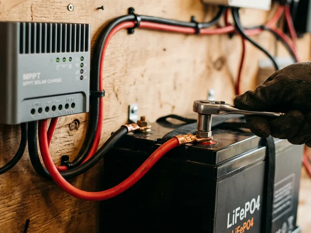 Nahaufnahme einer 12-Volt-Camper-Elektrik-Installation mit Solarladeregler und Batteriekabeln