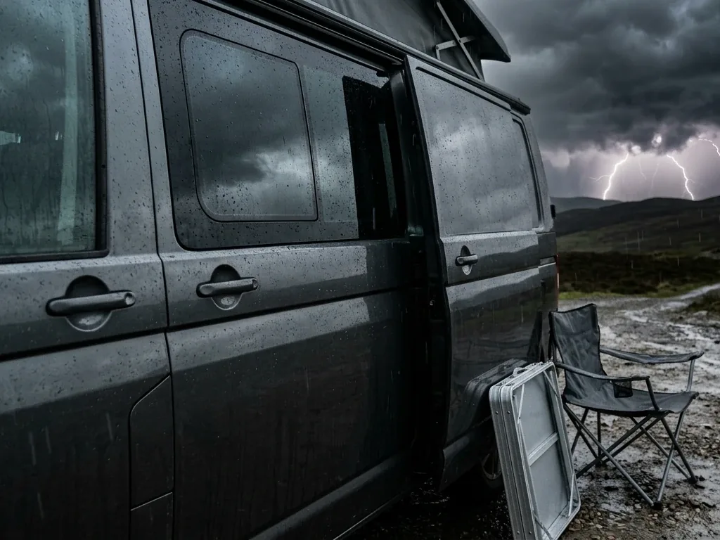 Wohnmobil bei aufziehendem Gewitter mit dunklen Sturmwolken auf dem Campingplatz