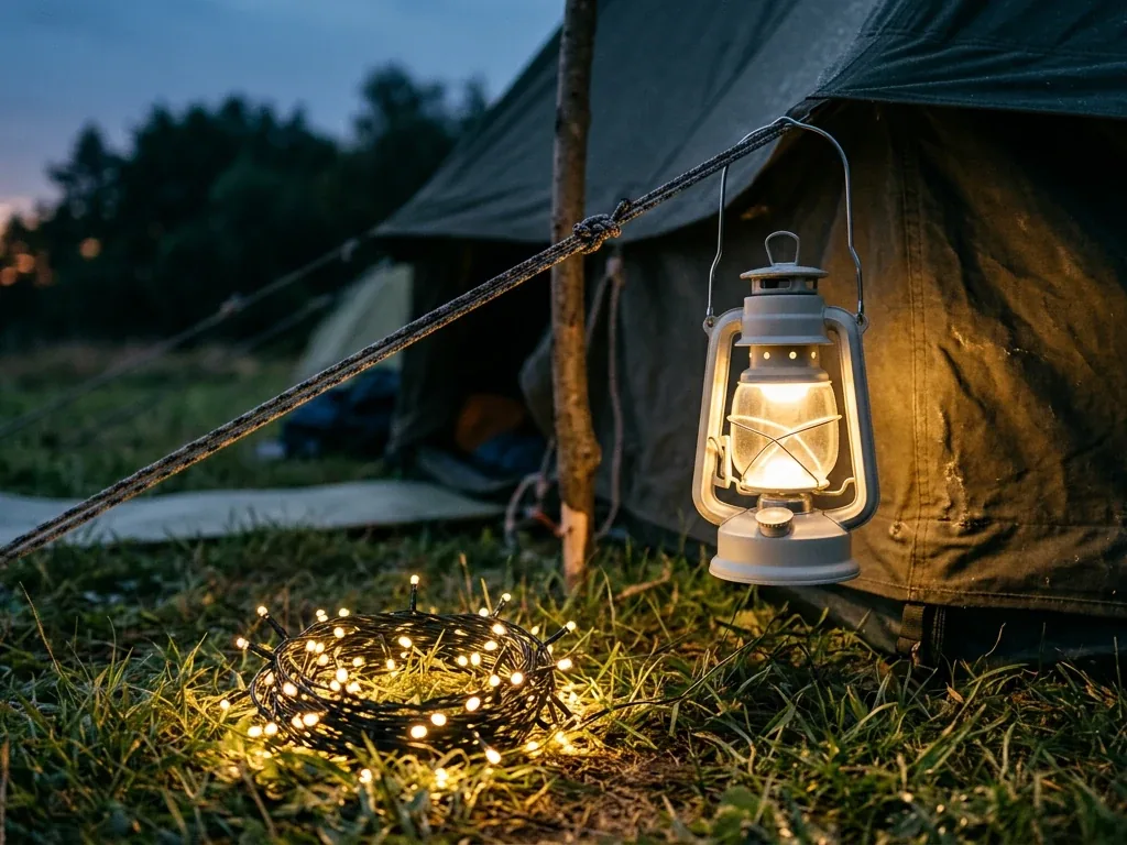 LED-Campinglaterne und Lichterkette leuchten abends vor einem Zelt