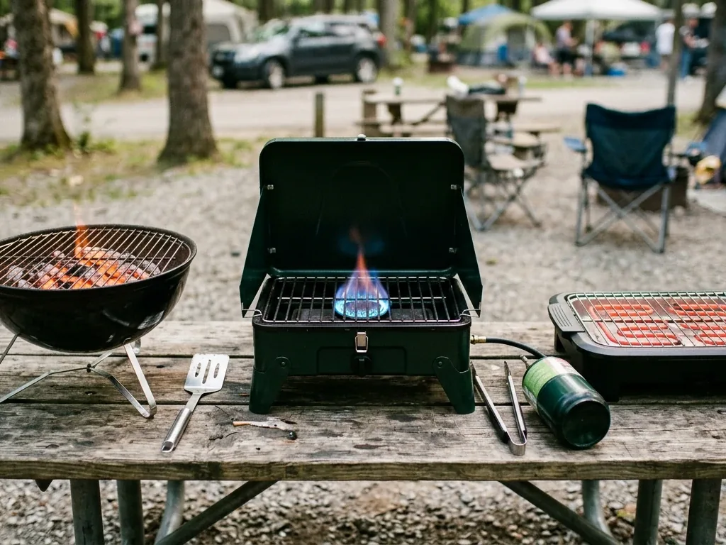 Drei Campinggrills mit Holzkohle, Gasflamme und Elektro-Heizspirale nebeneinander auf einem Stellplatz