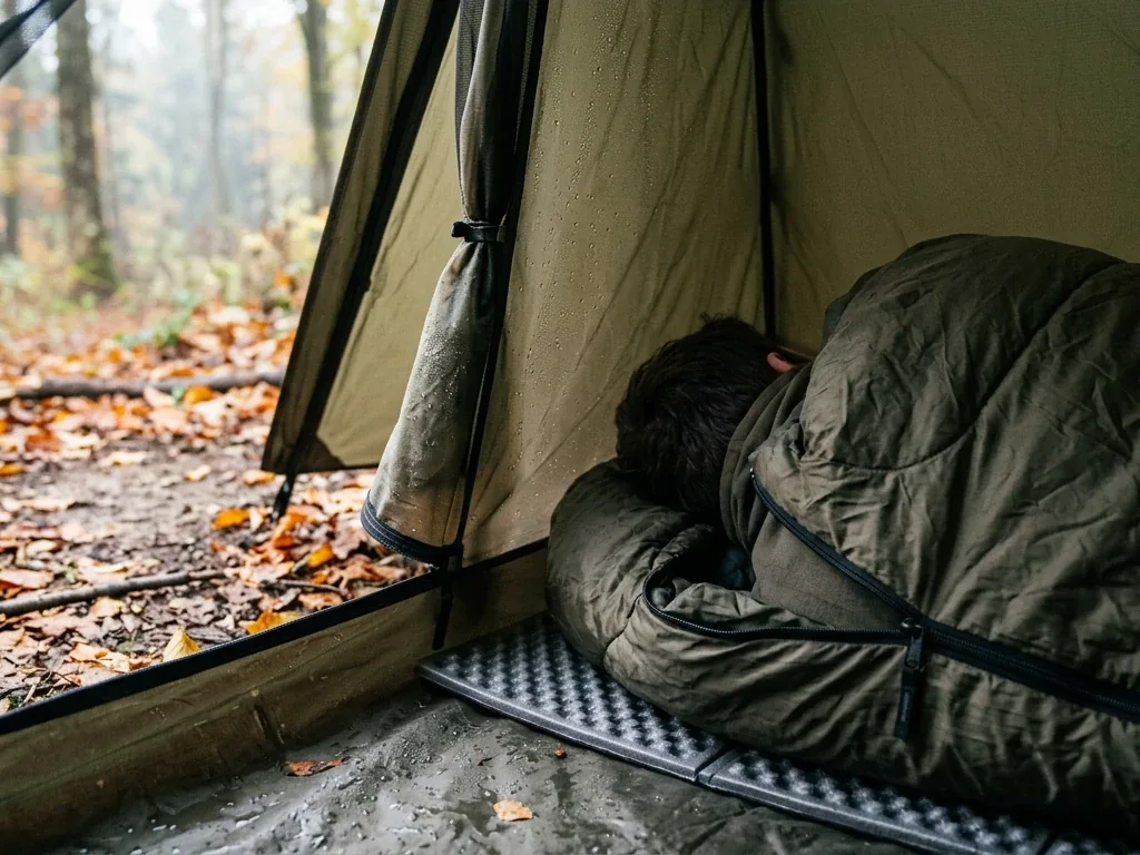 Schlafsack und Isomatte in einem Zelt an einem kühlen Herbstmorgen mit Kondensation