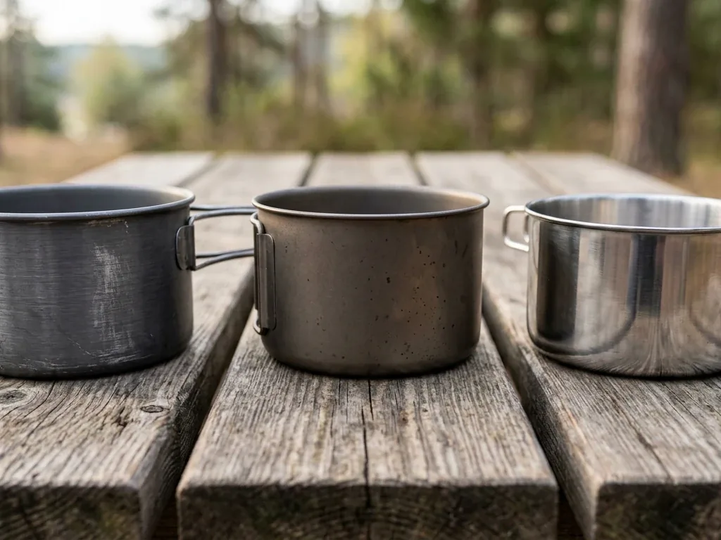 Drei Camping-Kochtöpfe aus Aluminium, Titan und Edelstahl mit unterschiedlicher Metalloberfläche im Vergleich