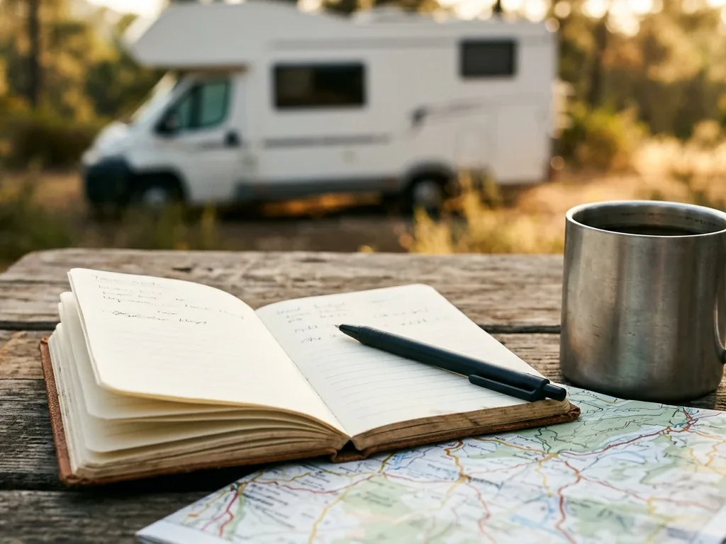 Reisebudget-Notizbuch und Kaffeetasse liegen auf einem Campingtisch zur Kostenplanung