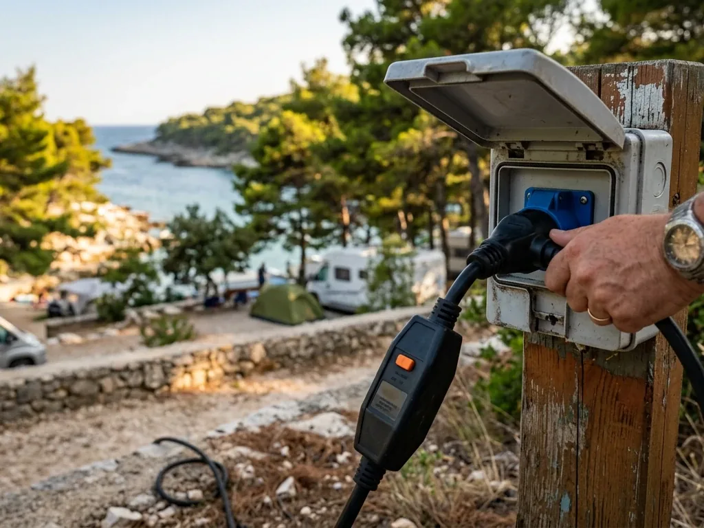 Stromkasten mit FI-Schutzschalter-Adapter auf einem terrassierten Campingplatz an der kroatischen Adriaküste