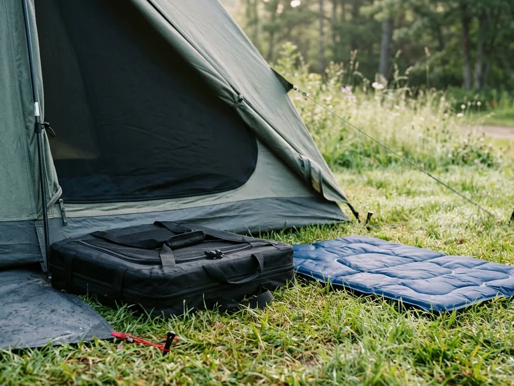 Faltbare Hundebox und Kühlmatte vor einem Campingzelt am frühen Morgen