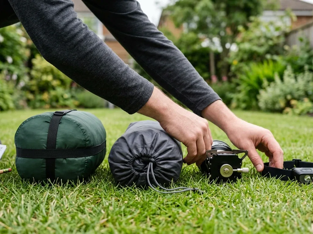 Campingausrüstung wie Zelt, Schlafsack, Kocher und Stirnlampe ordentlich auf einer Wiese aufgereiht beim Packen fürs erste Camping-Wochenende