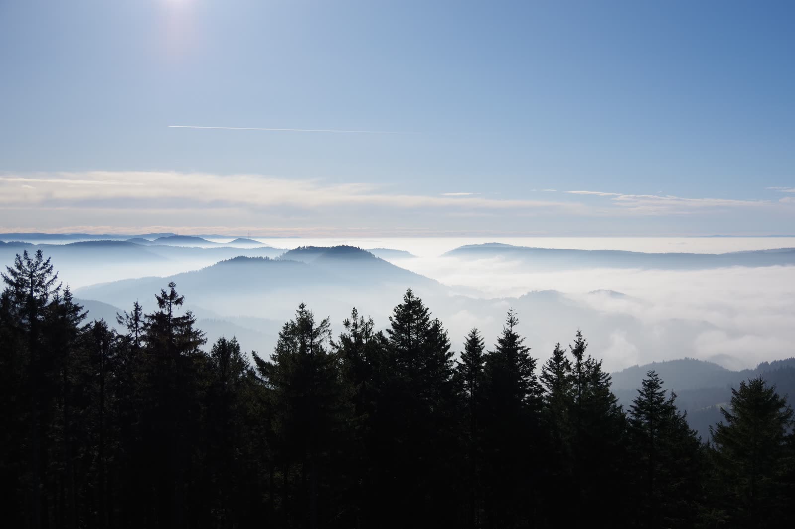 Nebelverhangene bewaldete Hügelketten des Schwarzwalds