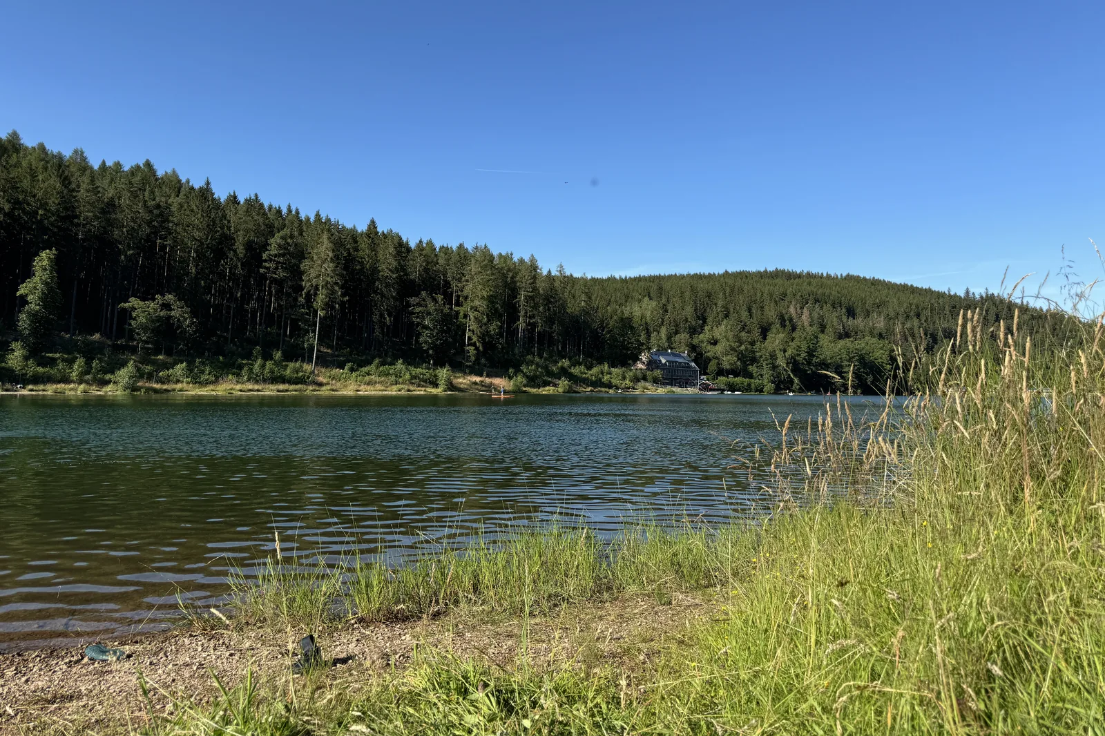 Lütsche-Stausee bei Frankenhain mit bewaldeten Hängen, flachem Badeufer und Booten auf dem Wasser