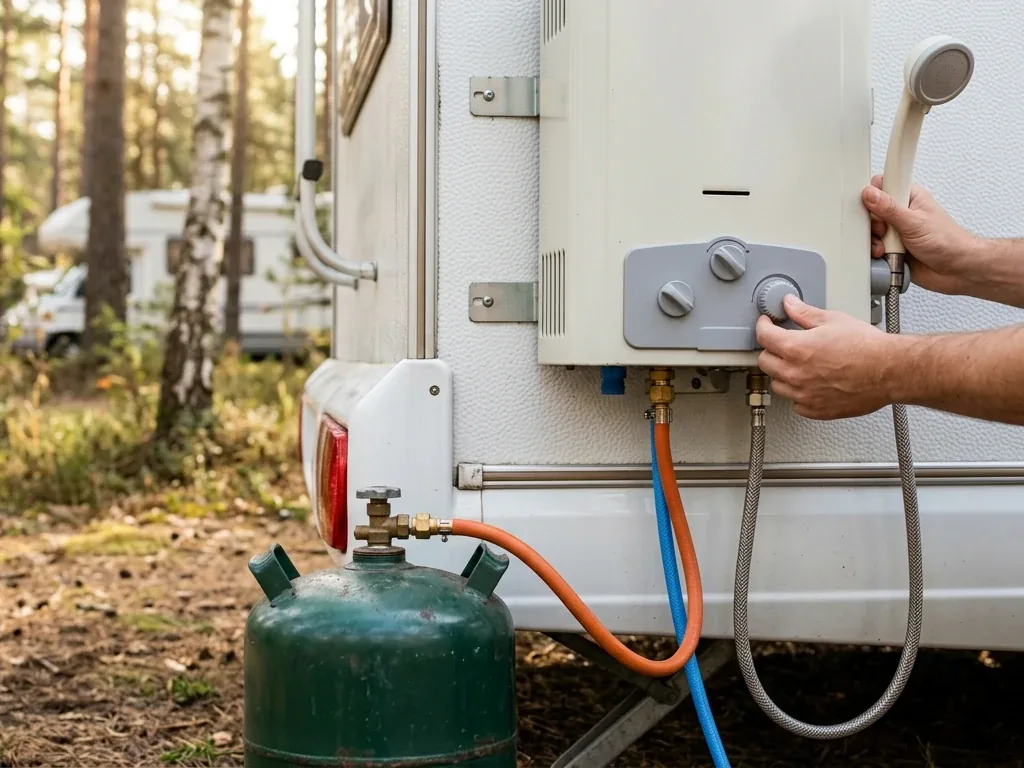 Mobiler Gas-Durchlauferhitzer für die Campingdusche am Wohnmobil im Einsatz