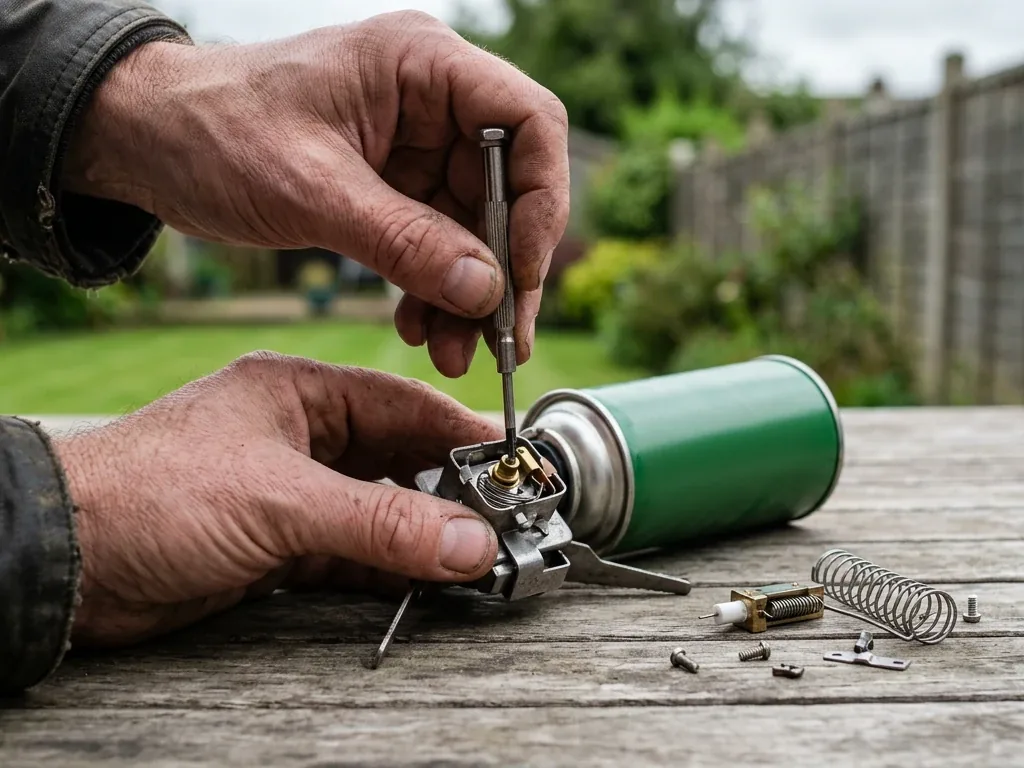 Nahaufnahme von Händen, die das Piezozünder-Modul eines Campingkochers auf einem Gartentisch reparieren