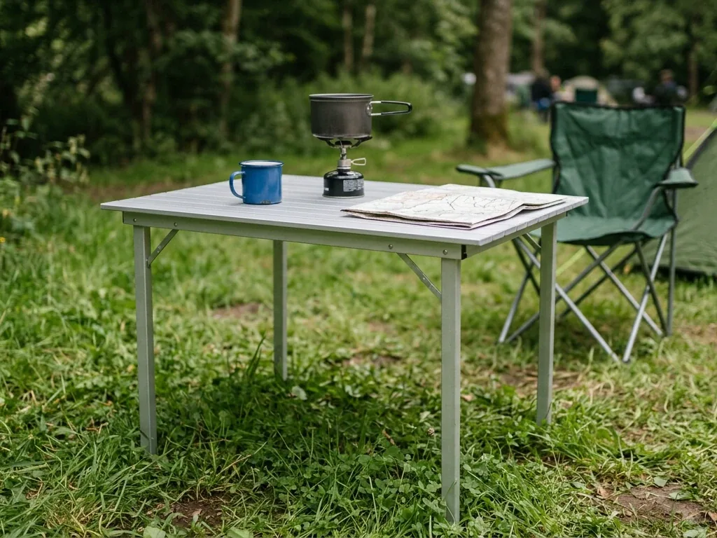 Aluminium-Campingtisch mit vier Beinen auf einer Wiese, darauf Tasse, Gaskocher mit Topf und Karte, dahinter ein Faltstuhl vor einem Zelt (Symbolbild, KI-generiert)