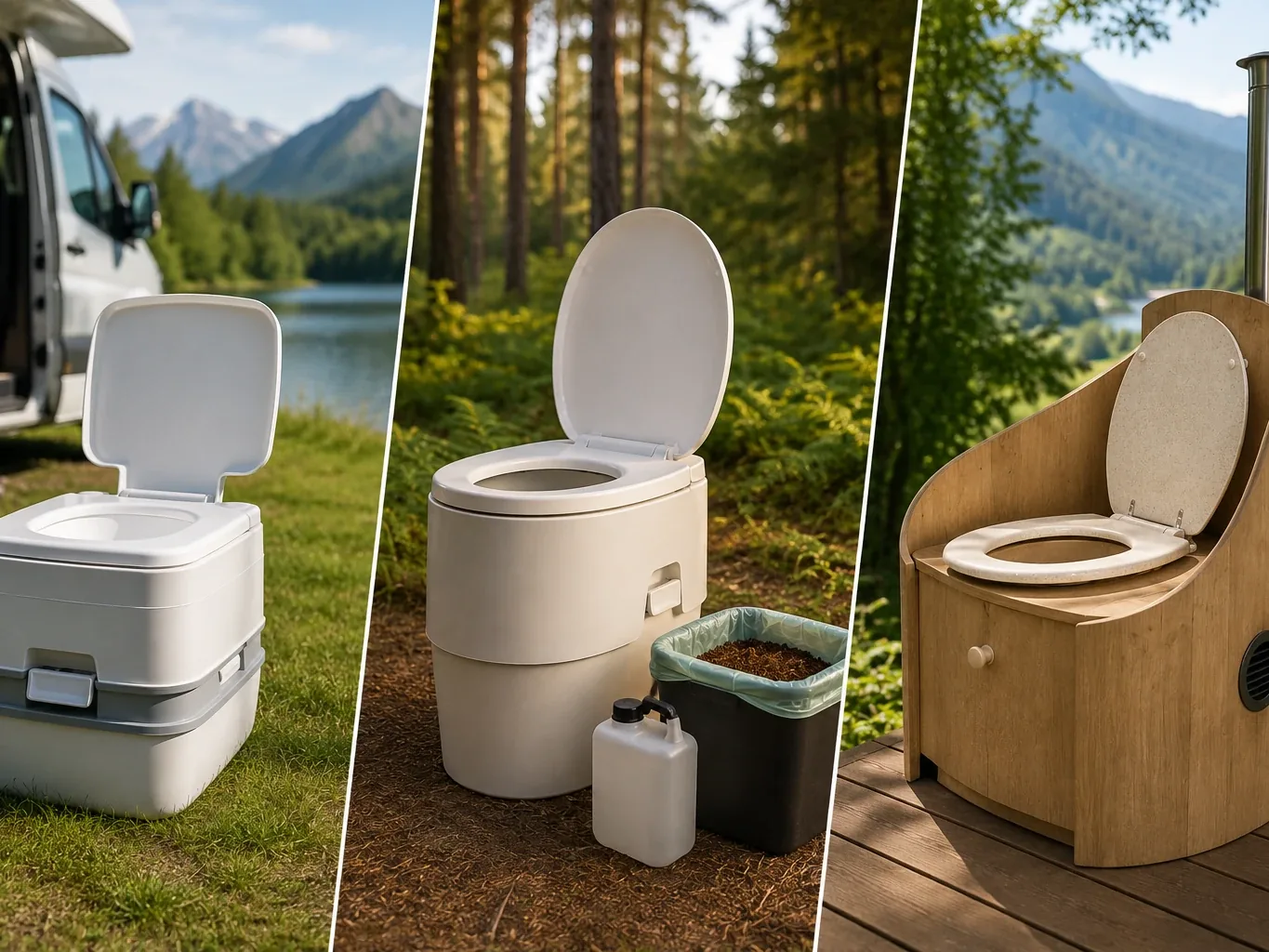 Drei Campingtoiletten-Typen im Vergleich: Chemietoilette im Camper, Trenntoilette im Wald mit Urinkanister und Einstreu-Behaelter, Komposttoilette in einer Holzkabine