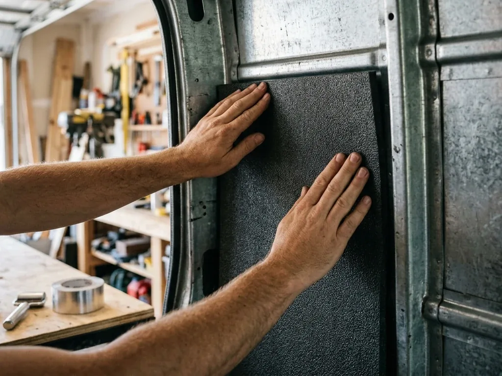 Nahaufnahme: Hände drücken eine Dämmmatte auf die Blechwand eines Camper-Ausbaus