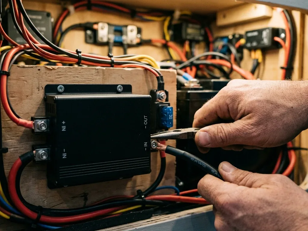 DC-DC-Lader mit Verkabelung im Elektrofach eines Kastenwagens, Nahaufnahme bei der Installation