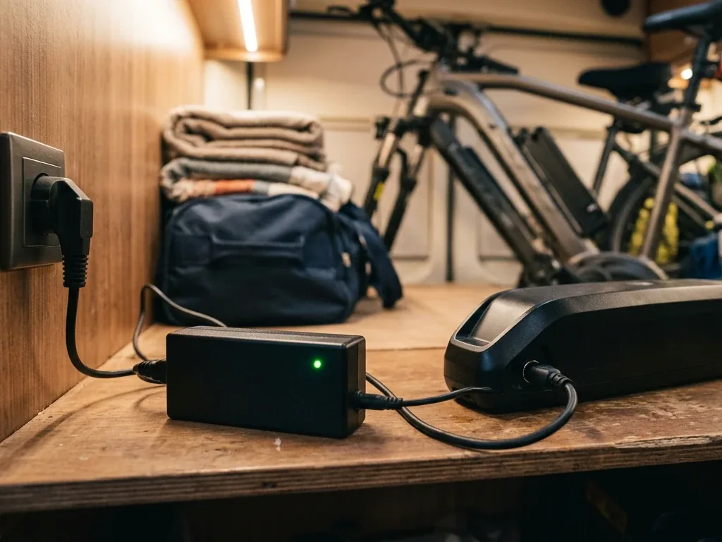 Abgenommener E-Bike-Akku im Stauraum eines Wohnmobils, über ein Ladegerät mit leuchtender Ladeanzeige an eine Wandsteckdose angeschlossen (Symbolbild, KI-generiert)