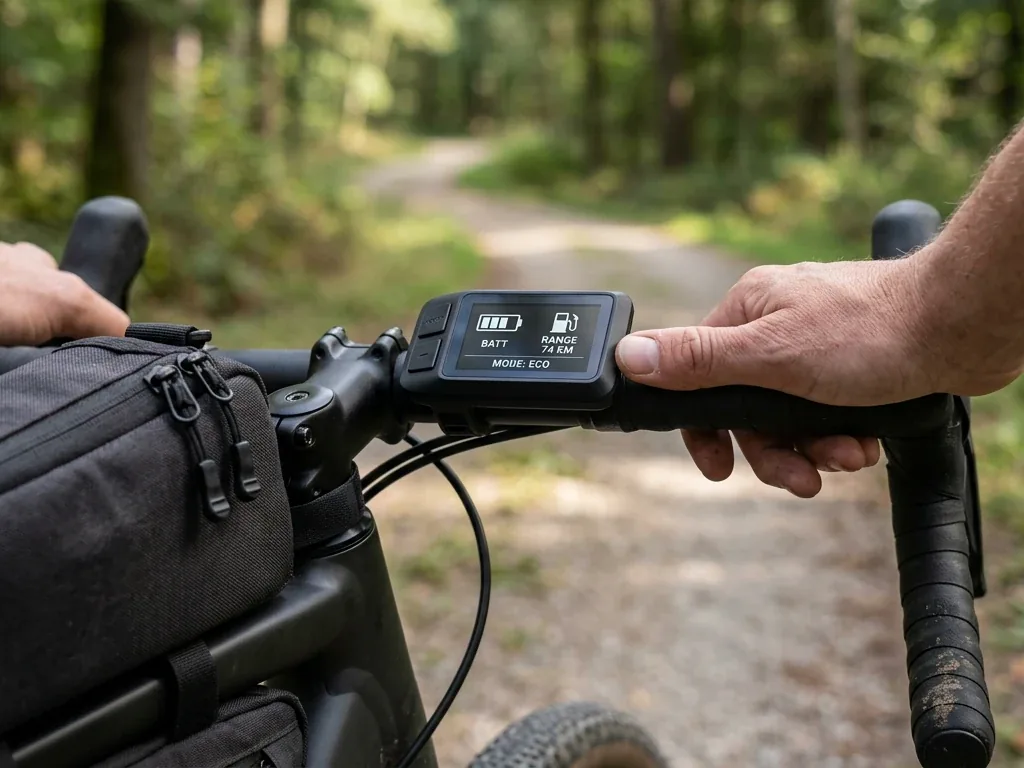 E-Bike-Display zeigt Akkustand und Restreichweite, Gepäcktaschen am Lenker im Hintergrund
