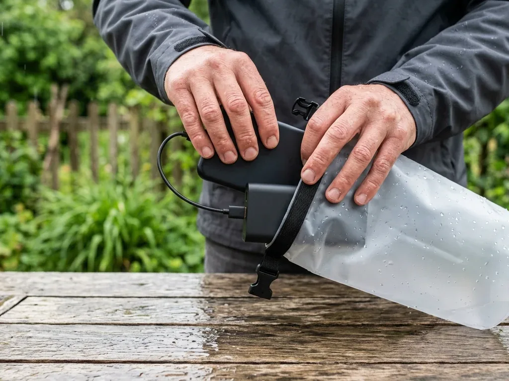 Hände schieben ein Smartphone und eine Powerbank in einen durchsichtigen Packsack mit Rollverschluss, auf einem regennassen Holztisch (KI-generierte Illustration)