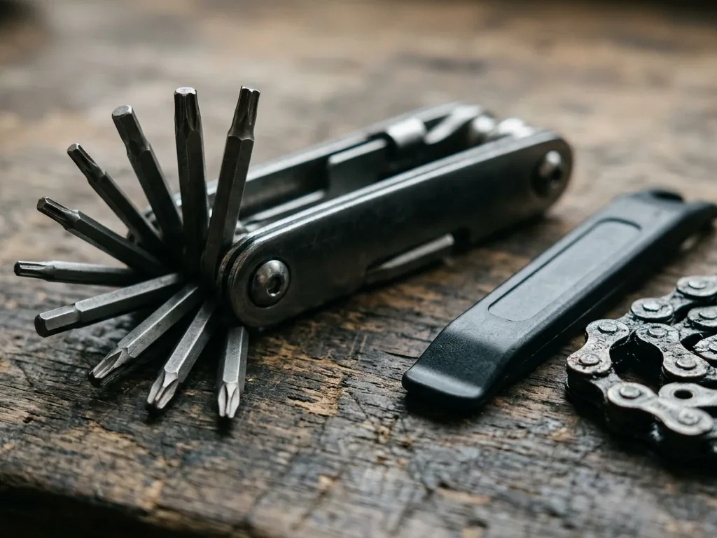 Aufgeklapptes Fahrrad-Multitool mit Inbus- und Torx-Bits auf einer Werkbank neben Reifenheber und Kette