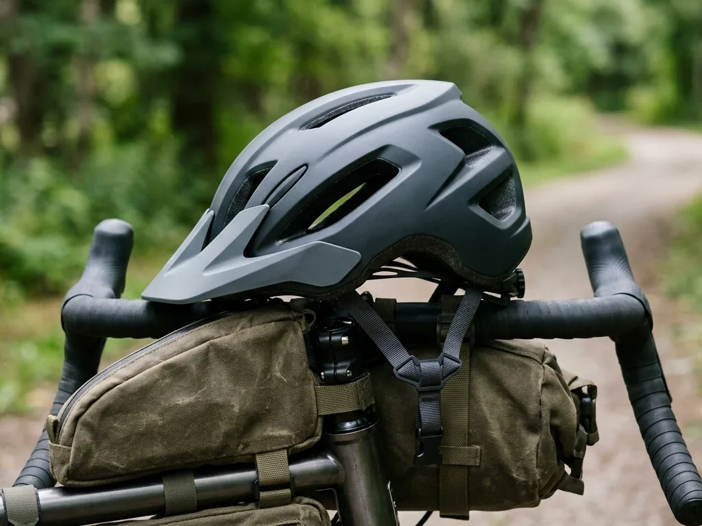Nahaufnahme eines unbeschrifteten Fahrradhelms mit Lüftungskanälen auf einem Bikepacking-Lenkrad