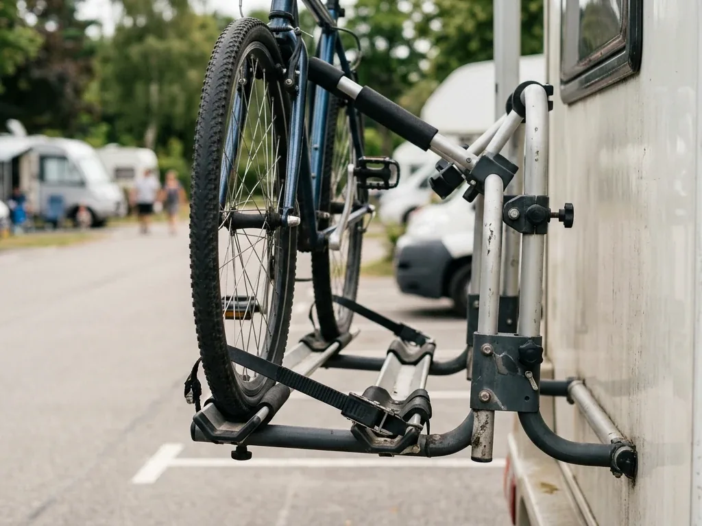 Nahaufnahme eines unbeschrifteten Fahrradträgers am Heck eines Wohnmobils mit montiertem Fahrrad