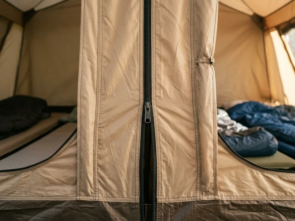 Innenansicht eines Familienzelts mit Reißverschluss-Trennwand zwischen zwei Schlafkabinen