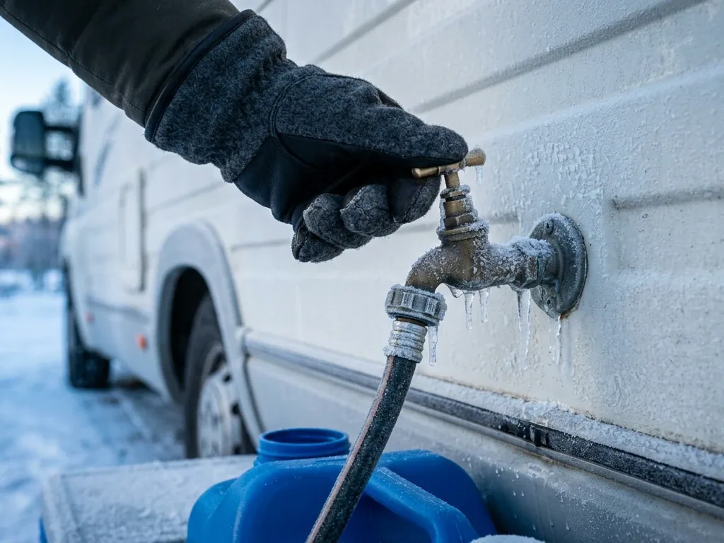 Behandschuhte Hand an einem vereisten Wasserhahn mit Frostkristallen und kleinen Eiszapfen