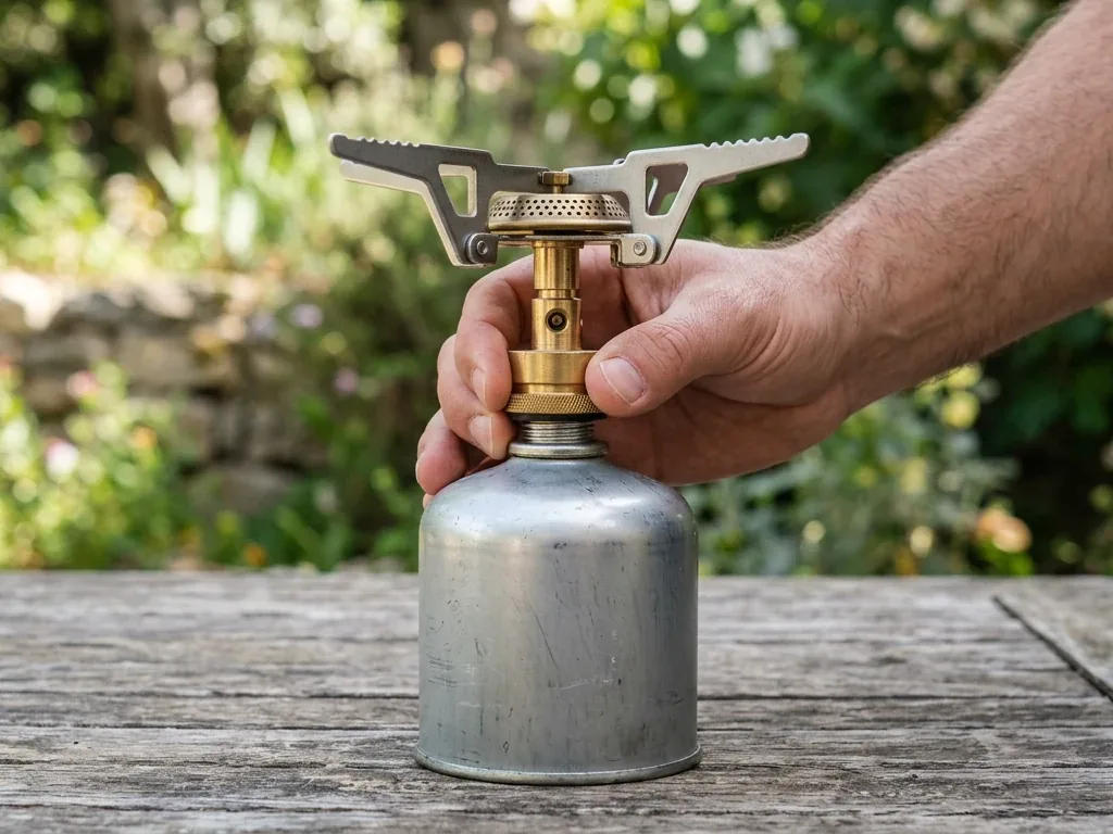 Nahaufnahme einer Hand, die eine Gaskartusche auf einen Campingkocher schraubt