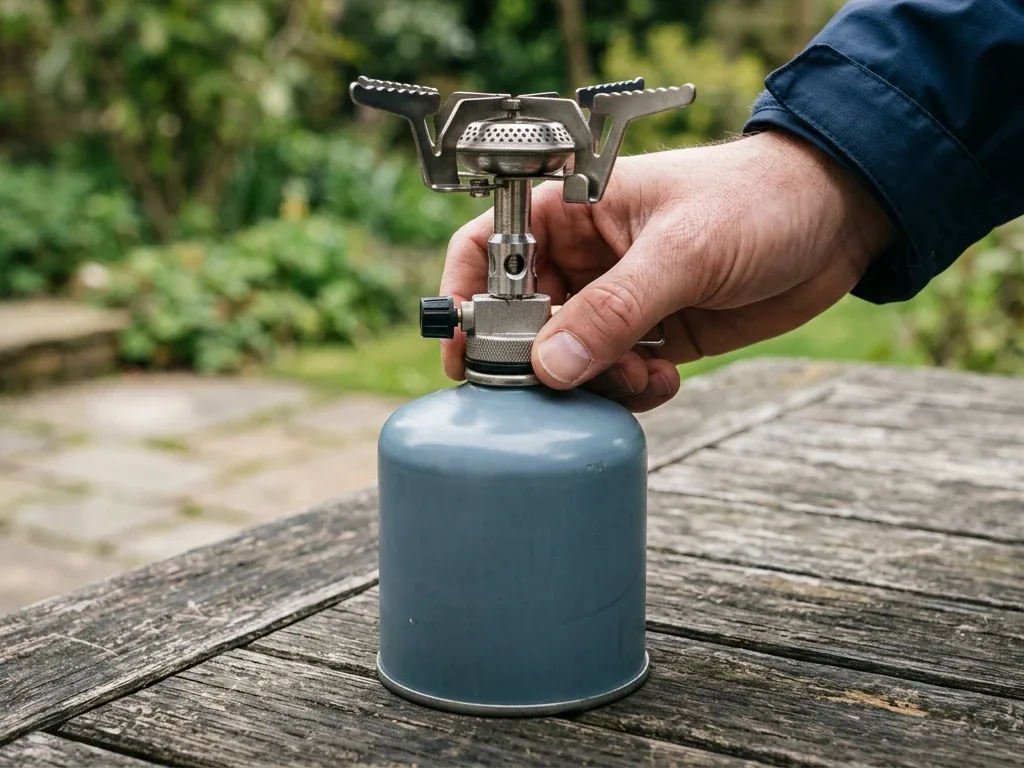 Nahaufnahme einer Hand, die eine Gaskartusche mit Bajonett-Anschluss an einen Campingkocher klickt