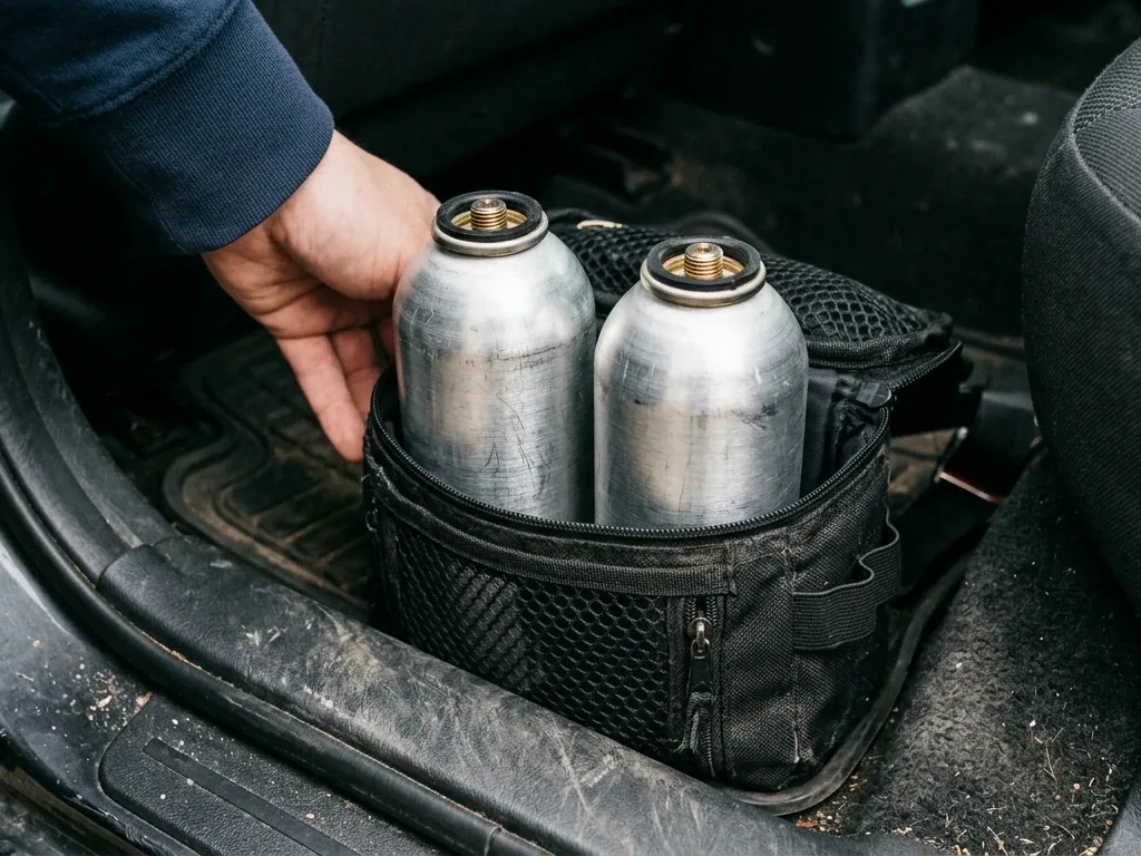 Gaskartuschen ohne Markenkennzeichnung stehen aufrecht in einer belüfteten Tasche im schattigen Fußraum