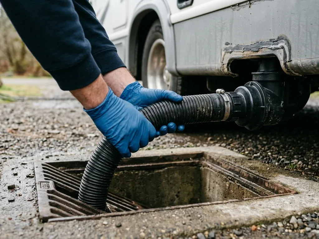 Nahaufnahme: Grauwasserschlauch wird am Wohnmobil in eine Entsorgungsstation eingeführt