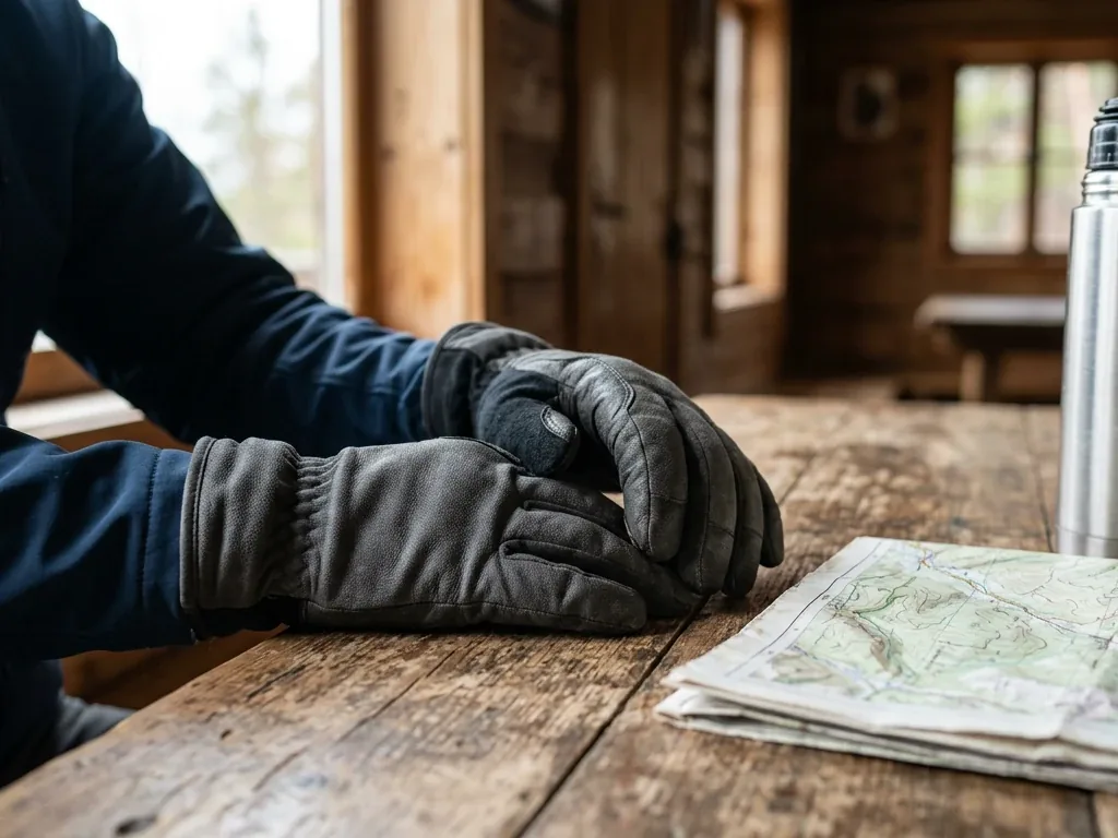 Zwei Hände in unbeschrifteten Trekking-Handschuhen auf Holztisch neben Karte und Thermosflasche (Symbolbild)