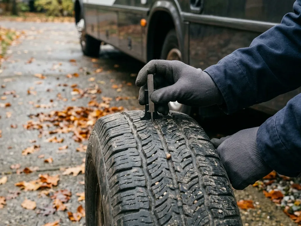 Nahaufnahme einer Hand, die mit einem Profiltiefenmesser die Reifenprofiltiefe an einem Wohnmobilreifen auf einer herbstlichen Einfahrt prüft