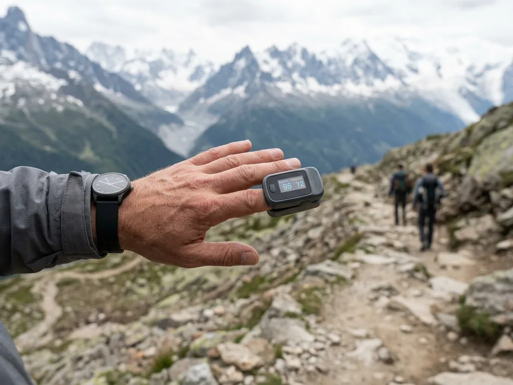 Trekker misst mit einem Fingerpulsoximeter die Sauerstoffsättigung auf einer Höhenwanderung