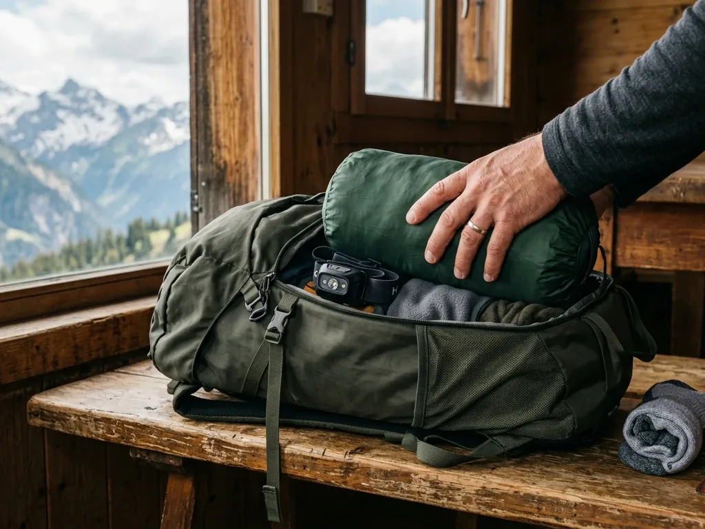 Wanderrucksack mit Hüttenschlafsack und Stirnlampe wird für eine Hüttentour gepackt