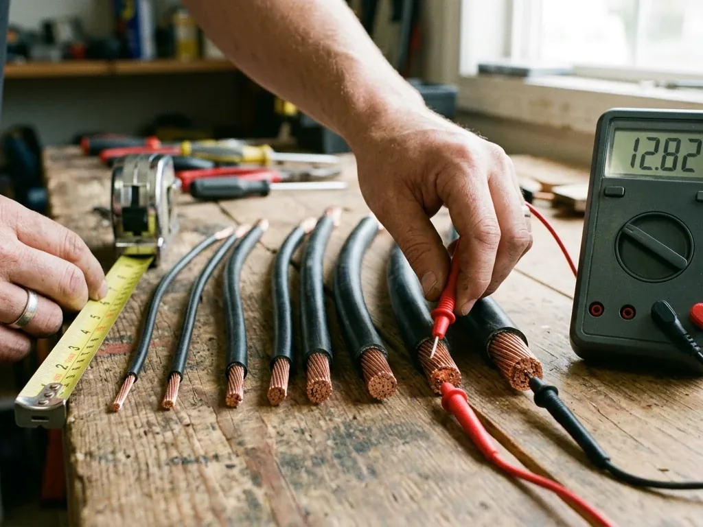Nahaufnahme von Händen, die verschieden dicke Kabel für die 12V-Bordnetz-Verkabelung auf einer Werkbank vergleichen, daneben ein Multimeter zur Spannungsmessung