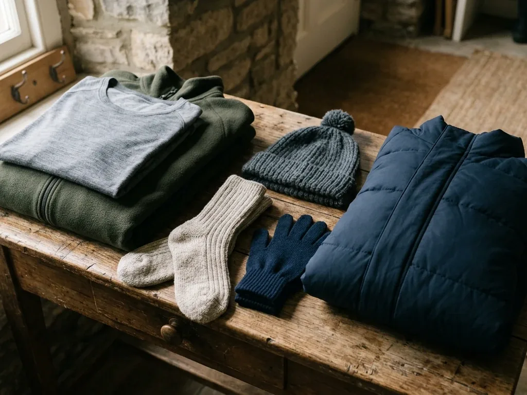 Mehrere Lagen Winterkleidung, Unterhemd, Fleece, Socken und Mütze, ordentlich auf einem Holztisch ausgelegt